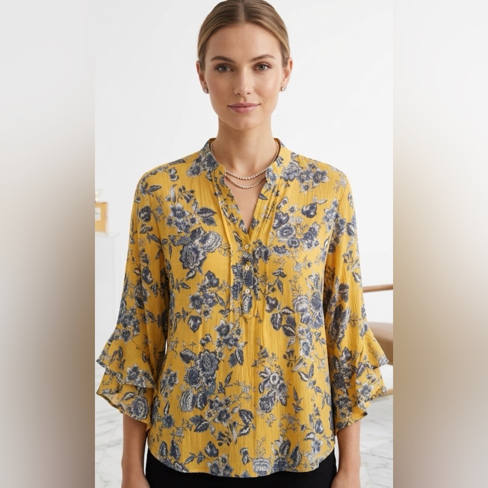Counterparts Mustard Yellow Floral V-Neck Ruffle Sleeve Blouse